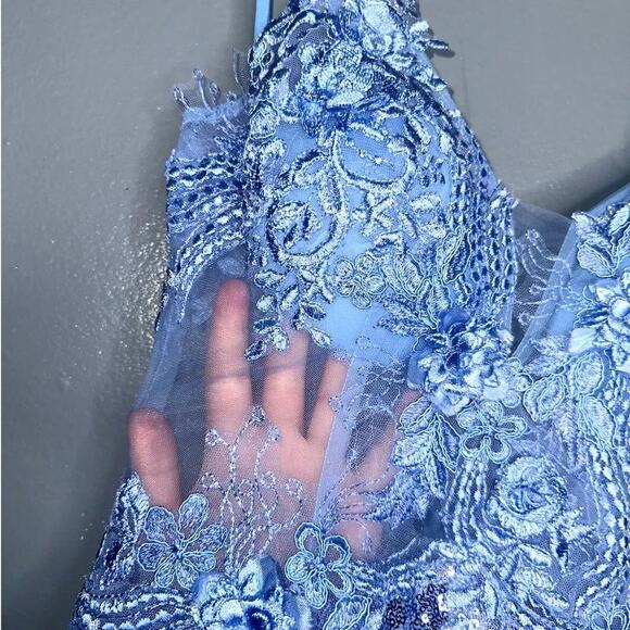 Portia & Scarlett PS24205 Floral Lace Bodice Sequin Mini Dress NWT Blue Size 2 - Picture 5 of 9